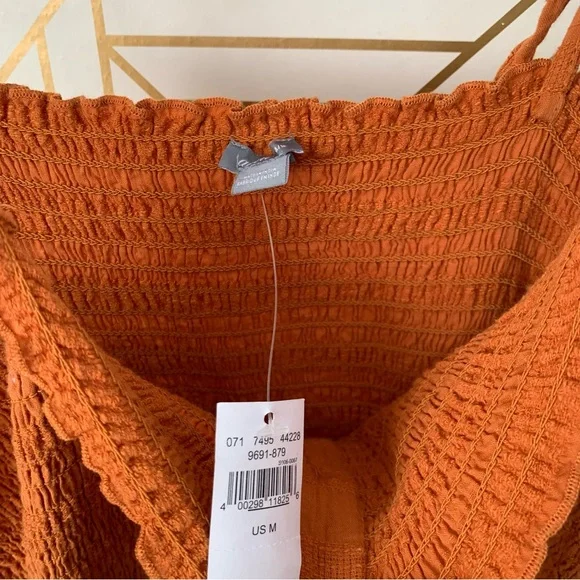 Aerie NWT Smocked Button front up Midi Dress crinkled cinched bow shoulder strap - Picture 5 of 9